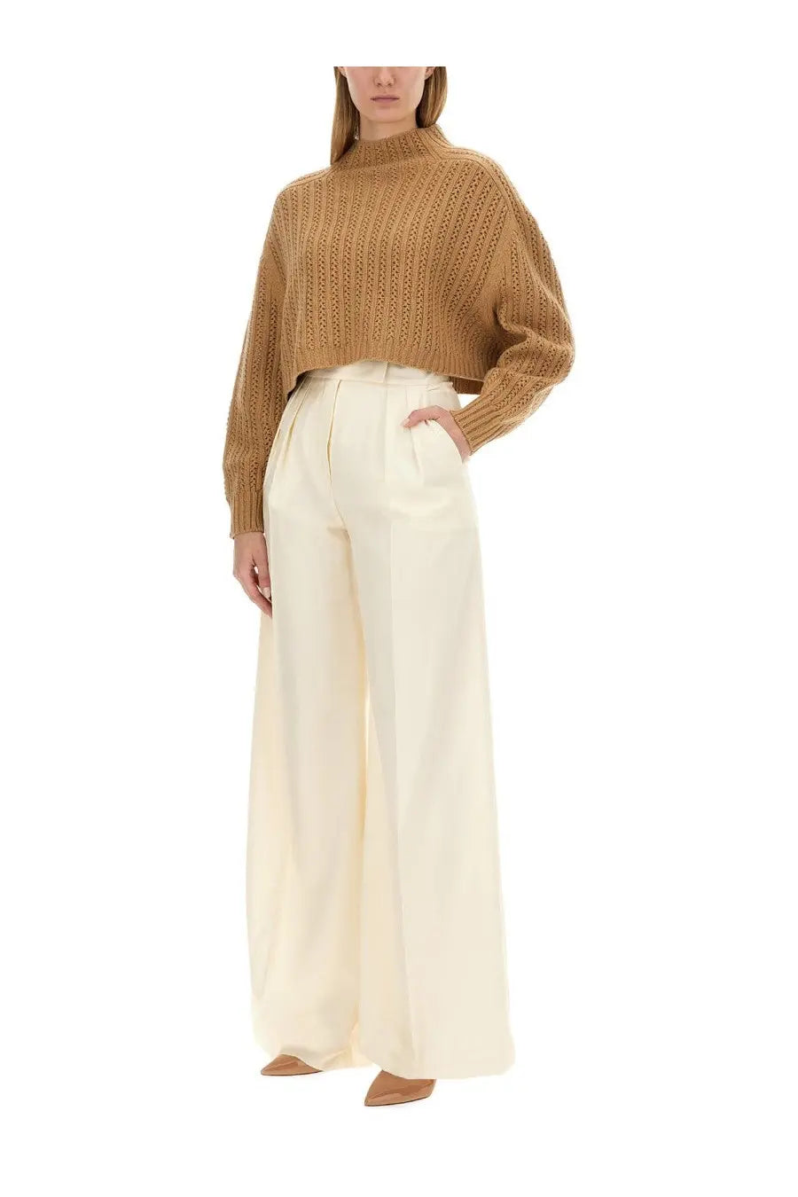 Max Mara women’s jersey hodeida beige camel-colored ribbed-knit cropped sweater with high neckline and long sleeves