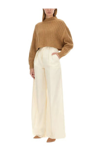 Max Mara women’s jersey hodeida beige camel-colored ribbed-knit cropped sweater with high neckline and long sleeves