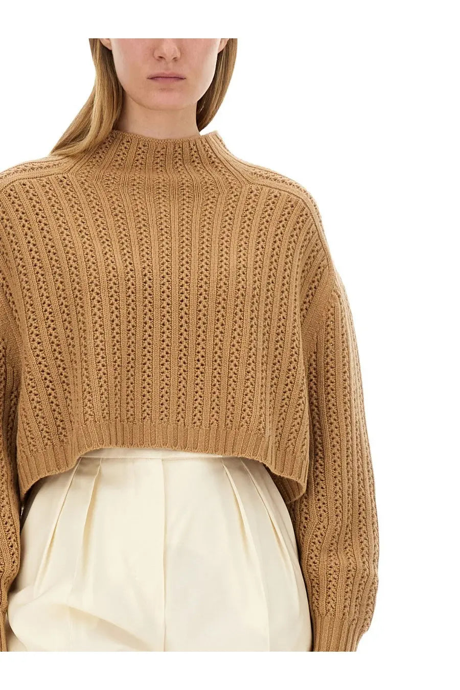 Max Mara women’s jersey hodeida beige tan cropped knit sweater with ribbed high neckline and vertical cable-knit pattern