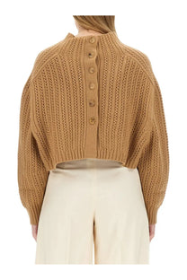 Back view of max mara women’s jersey hodeida beige tan ribbed knit cropped sweater with button closure