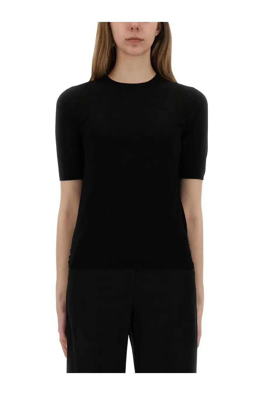 Max mara women’s black jersey knit short-sleeved top with round neckline for casual wear