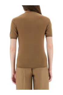 Max mara women’s jersey jeric brown camel short-sleeved knit top with smooth texture and ribbed cuffs
