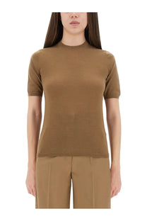 Max Mara women’s jersey jeric brown camel short-sleeved knit top with high neckline and ribbed cuffs and hem