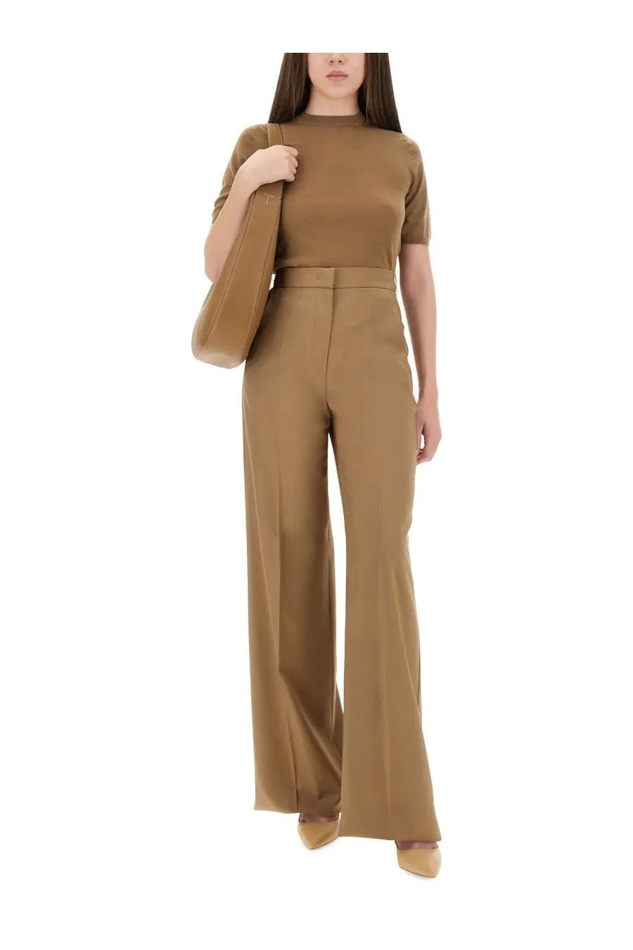 Tan wool-blend jumpsuit with high waist and wide-leg cut from max mara women’s jersey jeric brown collection