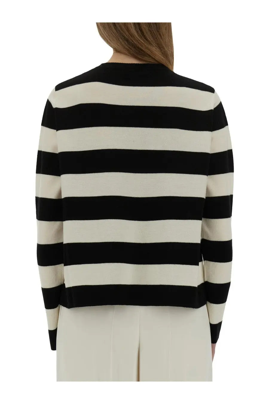 Max Mara women’s jersey viterbo knit sweater with black and cream horizontal stripes in soft fabric