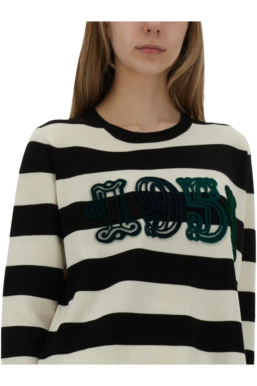 Max Mara women’s jersey Viterbo black sweater with black and cream stripes and green embroidered 195 on chest