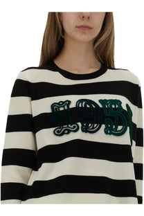 Max Mara women’s jersey Viterbo black sweater with black and cream stripes and green embroidered 195 on chest