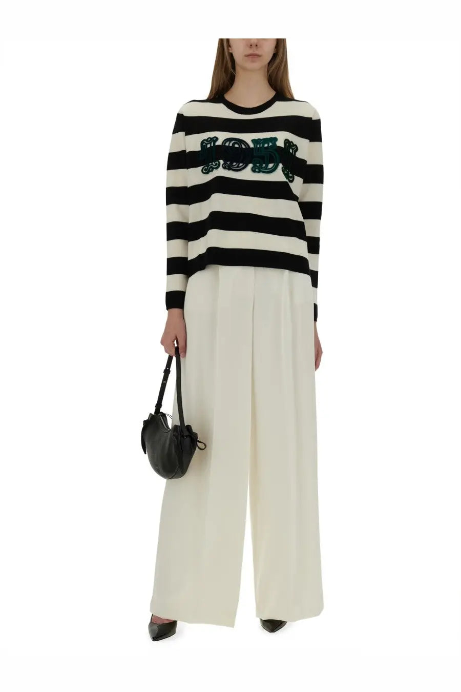 Max mara women’s jersey viterbo black knit sweater with black and white stripes and bold green embroidered logo across chest