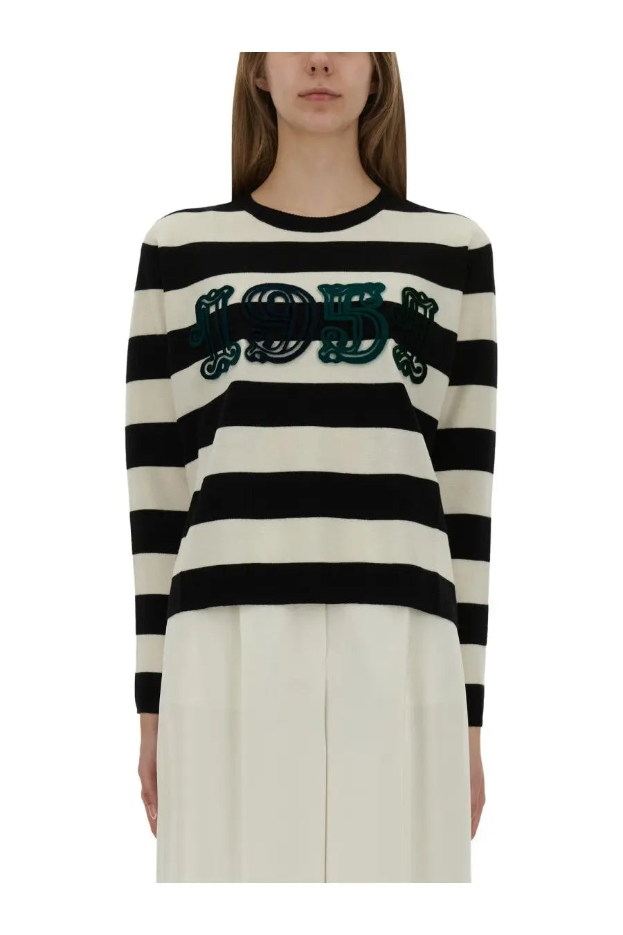 Max Mara women’s jersey viterbo black black and white striped long-sleeved sweater with teal embroidered 195 logo