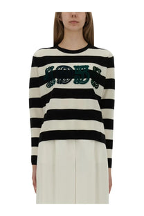 Max Mara women’s jersey viterbo black black and white striped long-sleeved sweater with teal embroidered 195 logo