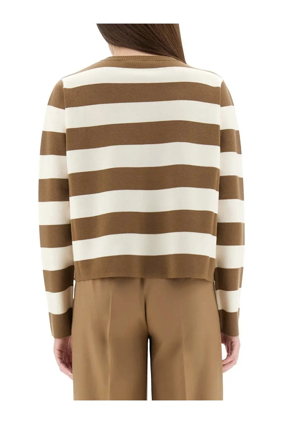 Max Mara women’s jersey viterbo sweater with bold warm brown and creamy white horizontal stripes and long sleeves