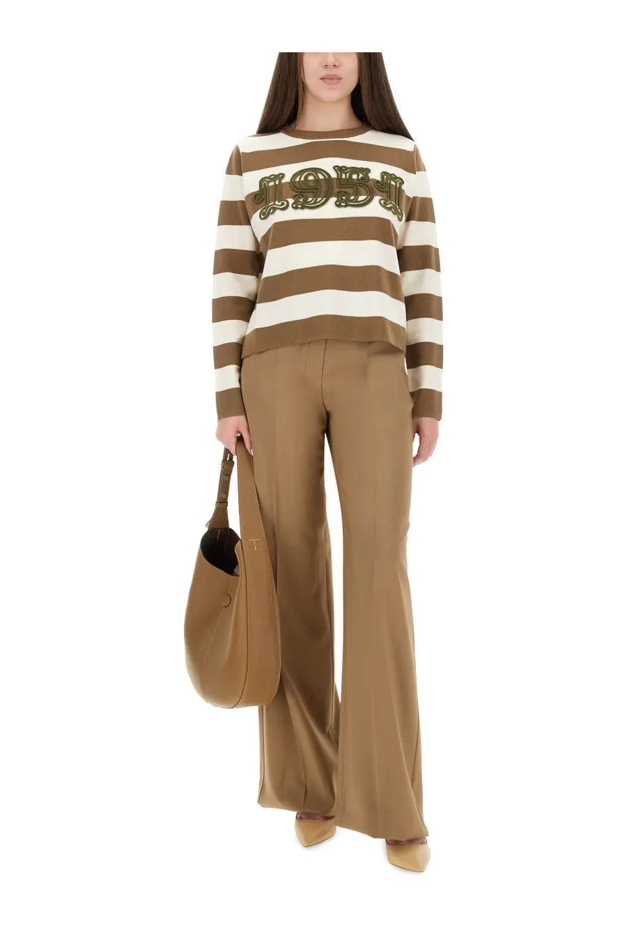 Max mara women’s jersey viterbo brown long-sleeved sweater with brown cream stripes and embroidered loewe logo on chest