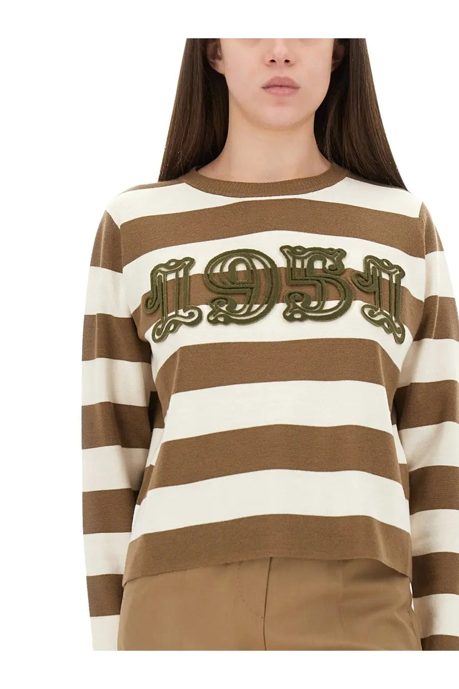 Max Mara women’s jersey Viterbo brown long-sleeved sweater with brown and cream stripes and olive green embroidered 1951