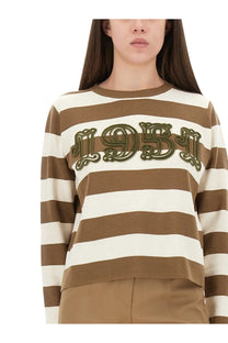 Max Mara women’s jersey Viterbo brown long-sleeved sweater with brown and cream stripes and olive green embroidered 1951