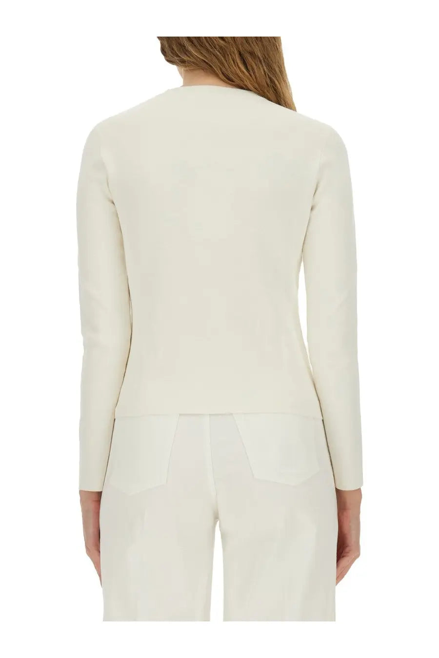 Max Mara women’s jersey white cream-colored long-sleeved knit cardigan with sleek minimalist design