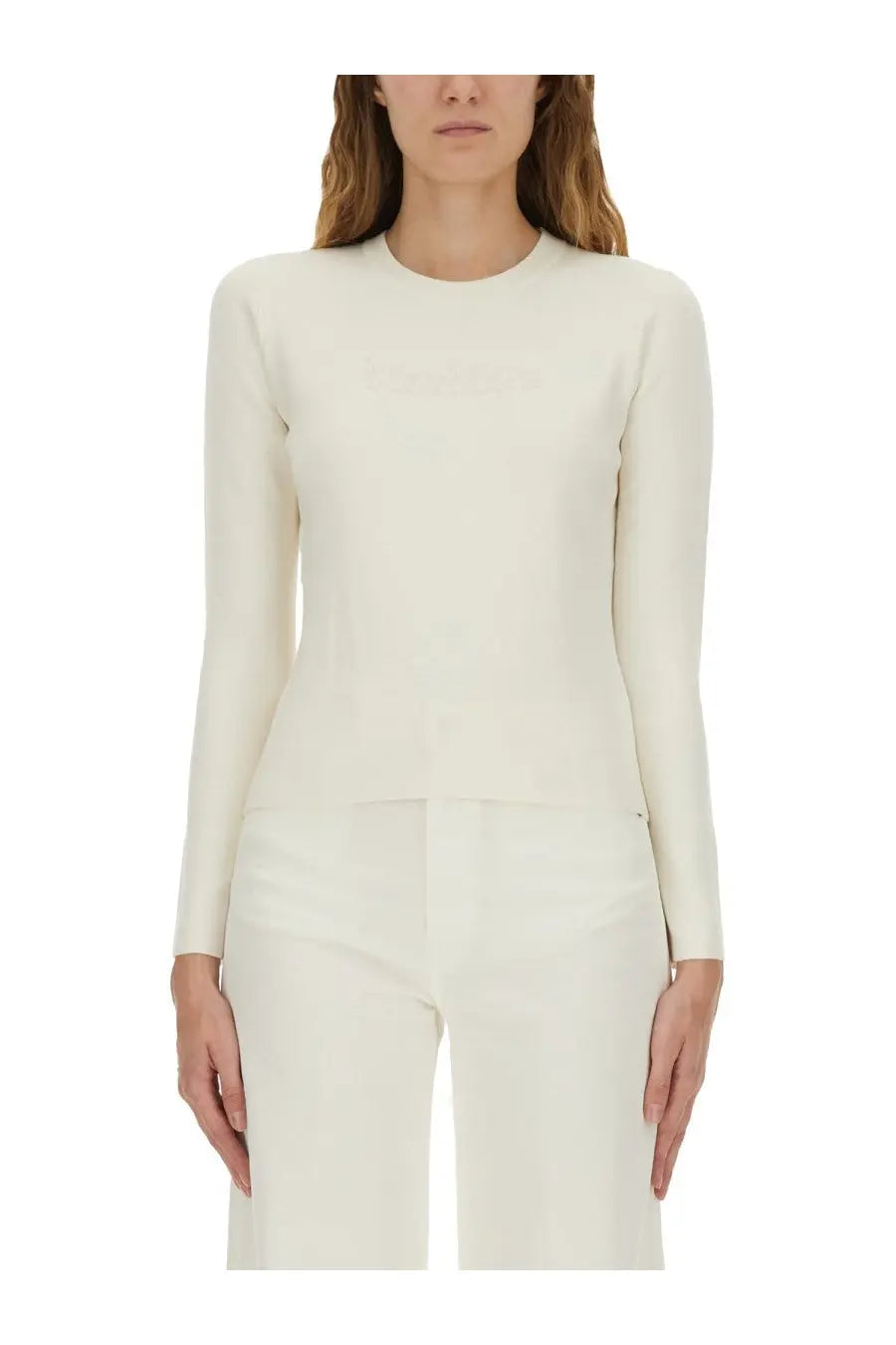 Cream-colored Max Mara women’s jersey long-sleeved top with subtle logo detail on the chest