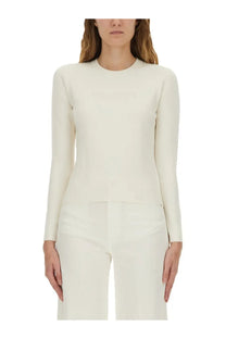 Cream-colored Max Mara women’s jersey long-sleeved top with subtle logo detail on the chest