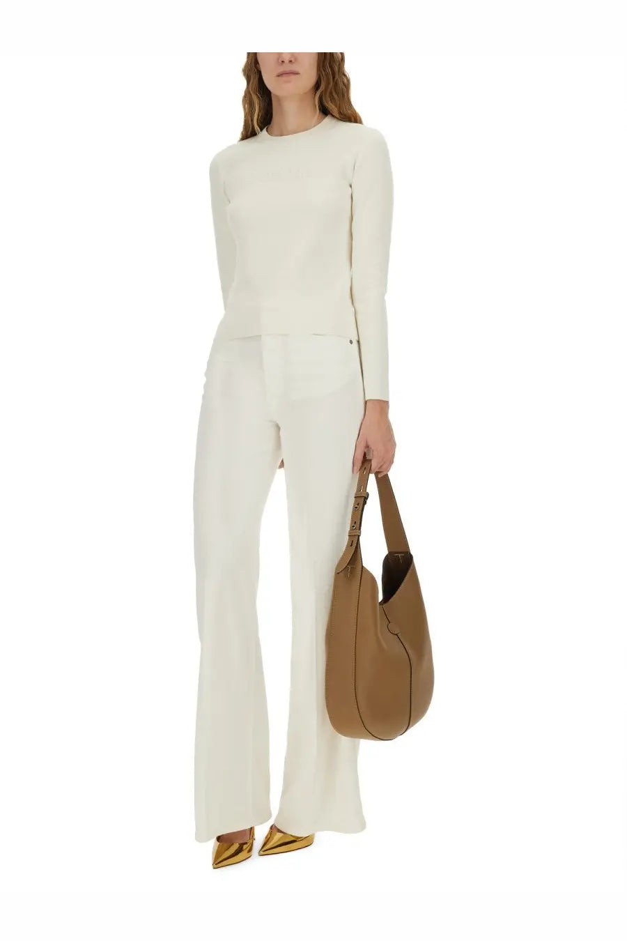 Tan leather hobo bag with structured curved silhouette and visible stitching from max mara womens jersey white collection