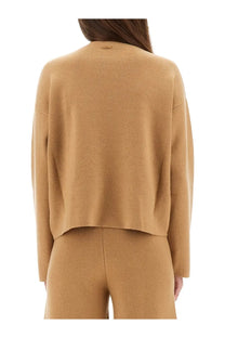Max Mara women’s camel-colored long-sleeved knit cardigan with ribbed texture and cropped hem in jersey zibello beige