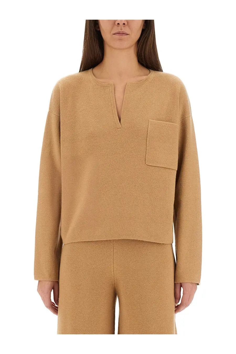 Max Mara women’s jersey Zibello beige knit sweater with subtle textured weave v-neckline and left patch pocket