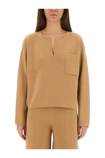 Max Mara women’s jersey Zibello beige knit sweater with subtle textured weave v-neckline and left patch pocket