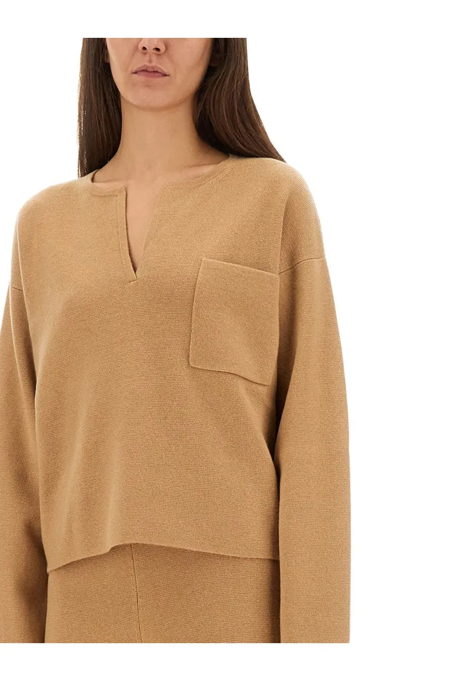 Max Mara women’s jersey Zibello beige soft camel knit sweater with ribbed texture v-neckline and left patch pocket