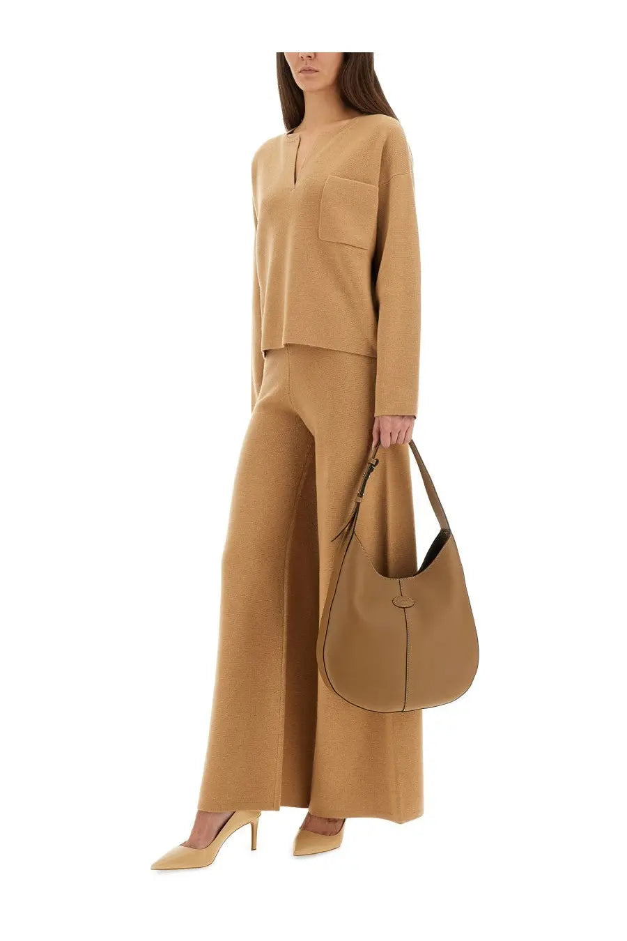 Tan leather hobo bag with minimalist design and single top handle from max mara women’s jersey zibello beige collection