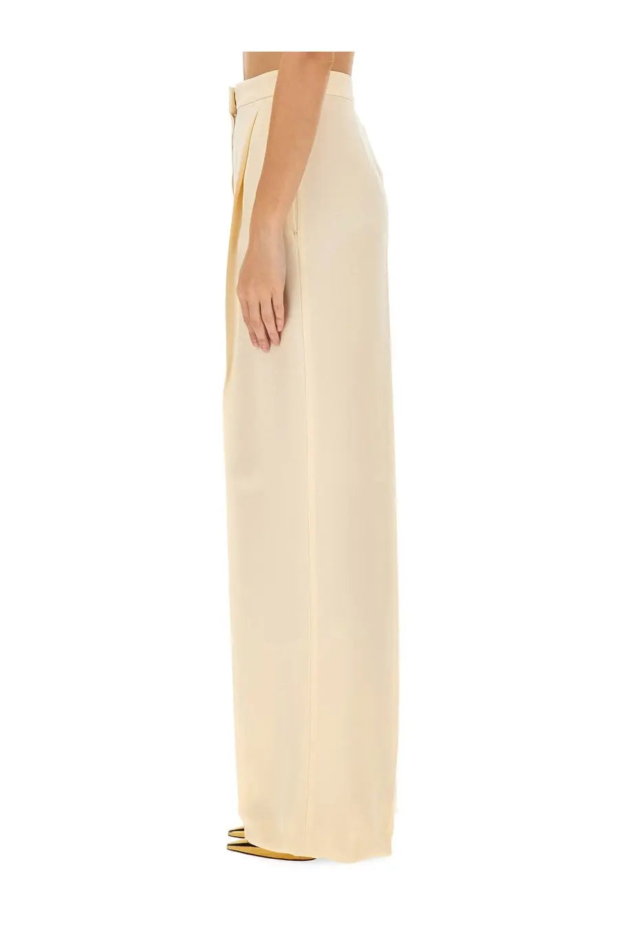 Cream-colored high-waisted wide-leg max mara women’s klaus pants in sleek flowing fabric with subtle side slit
