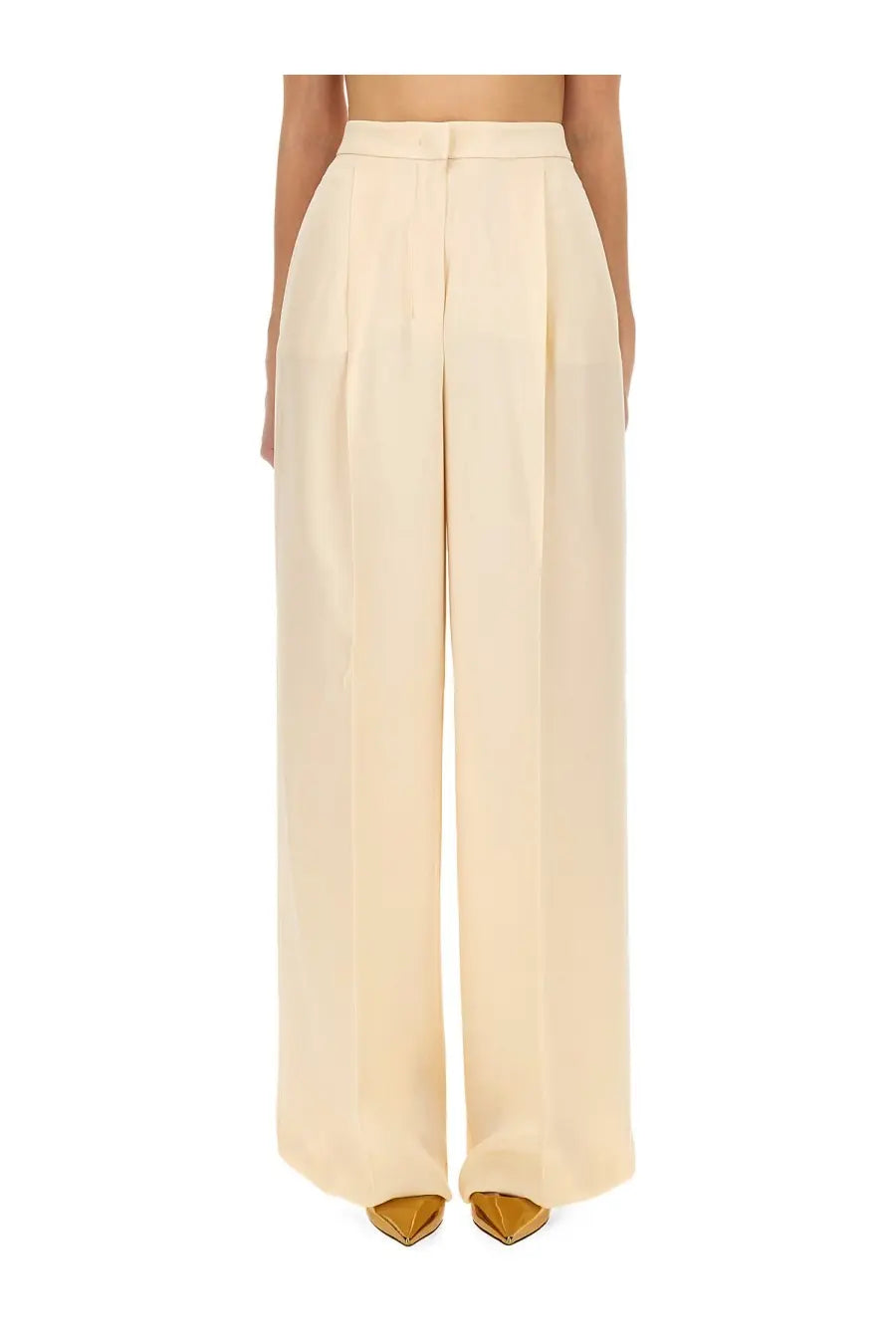 Max Mara women’s Klaus pants beige cream high-waisted wide-leg trousers with smooth flowing fabric and front pleats