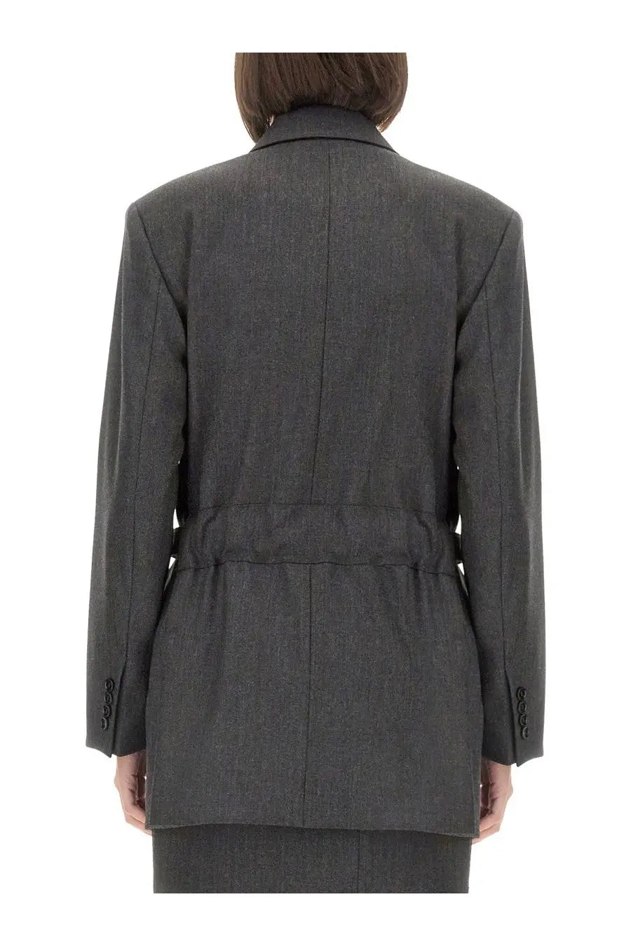 Dark gray textured wool blazer with belted waist and notched collar from max mara womens latin jacket grey collection