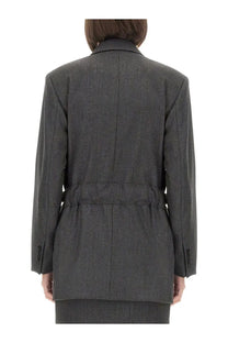 Dark gray textured wool blazer with belted waist and notched collar from max mara womens latin jacket grey collection