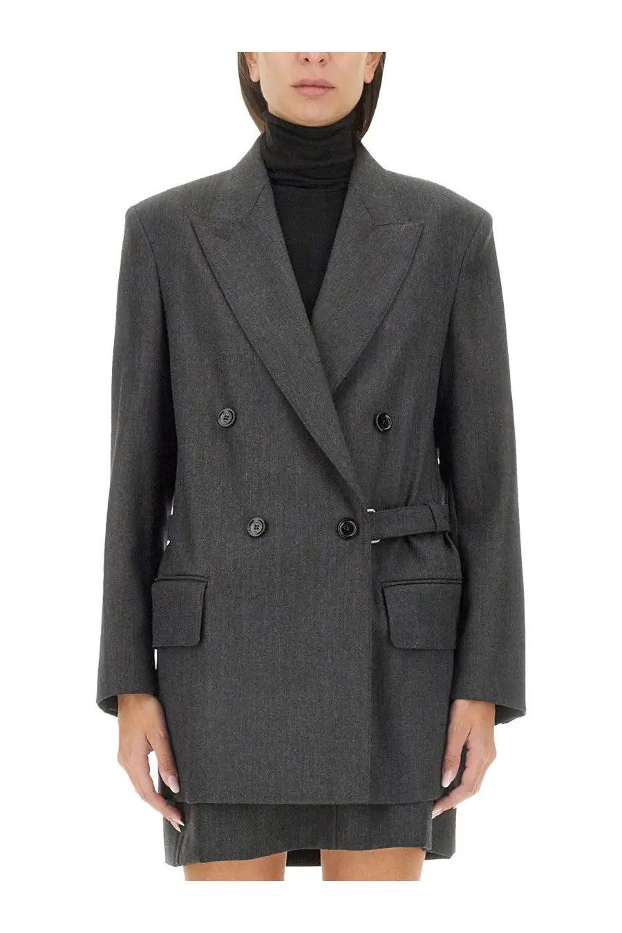 Max Mara women’s Latin jacket gray structured double-breasted wool blazer with black buttons and matching belt