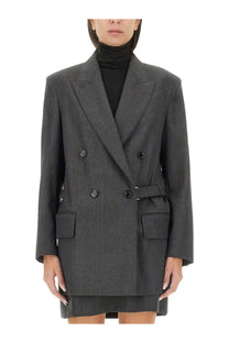 Max Mara women’s Latin jacket gray structured double-breasted wool blazer with black buttons and matching belt