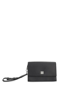 Max mara women’s black leather crossbody clutch with minimalist design and silver-tone rectangular logo plaque