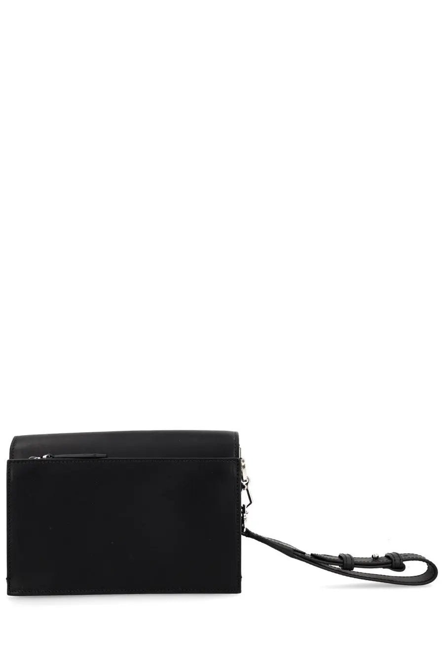 Max Mara women’s black leather clutch with sleek minimalist design and matching wrist strap for elegant use