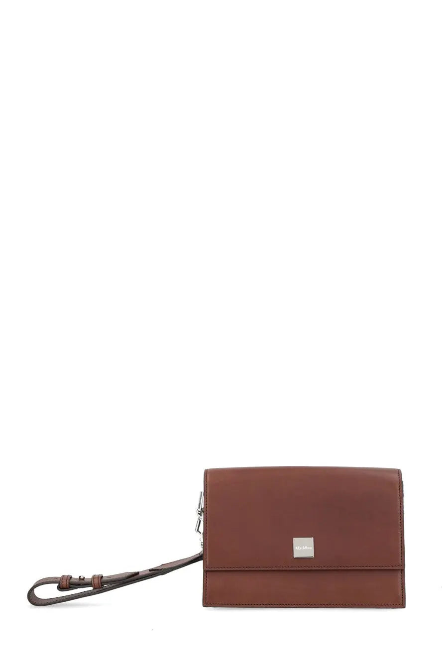 Max Mara women’s brown leather clutch with silver tone logo plaque and matching wrist strap