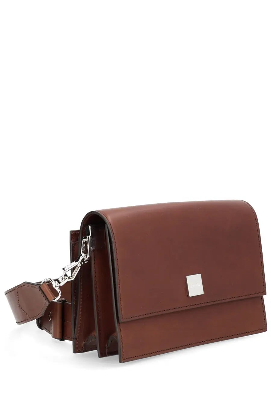 Max Mara women’s brown leather crossbody bag with silver rectangular clasp and chain strap