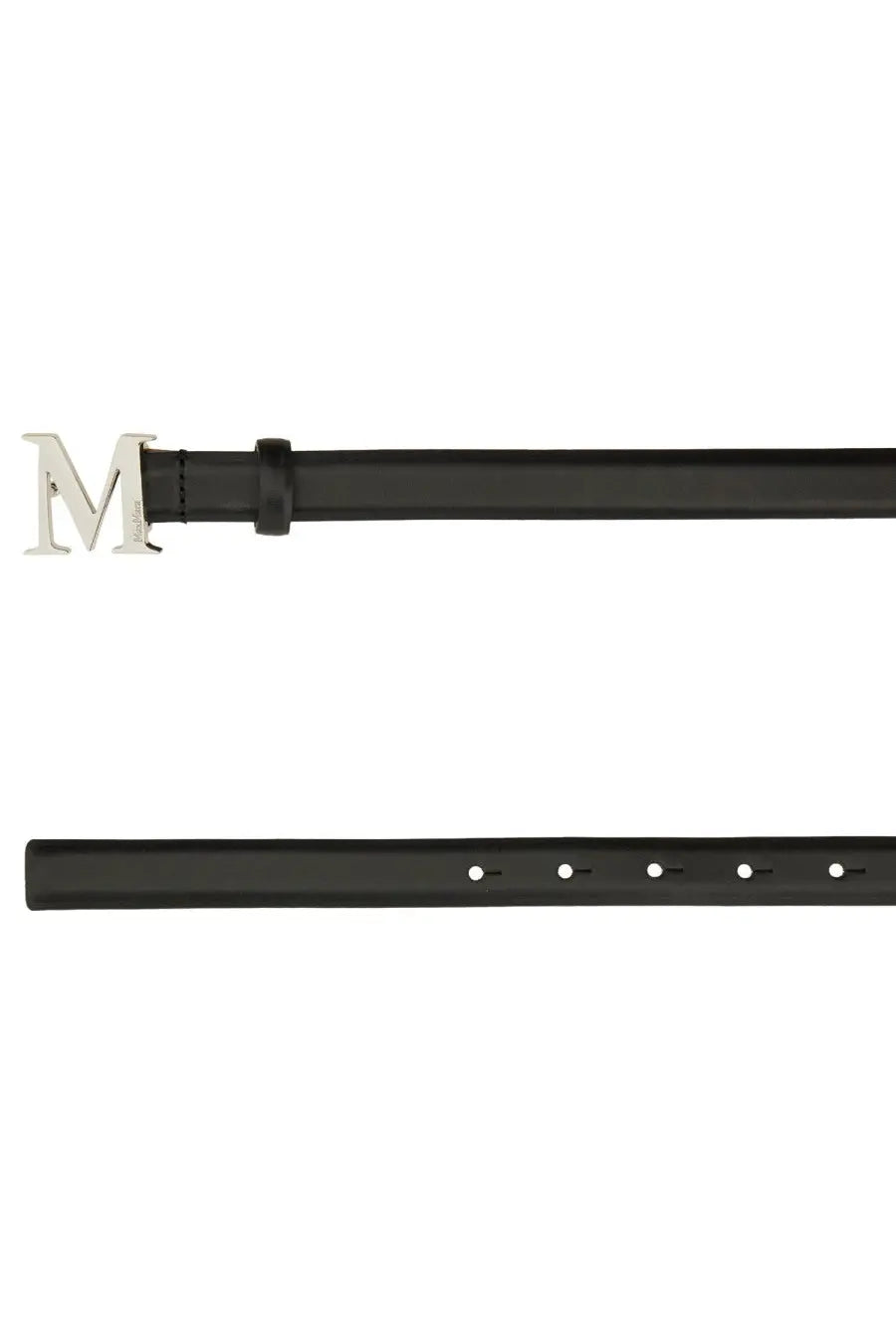 Max Mara women’s black leather belt with a silver toned m buckle for stylish waist accessory
