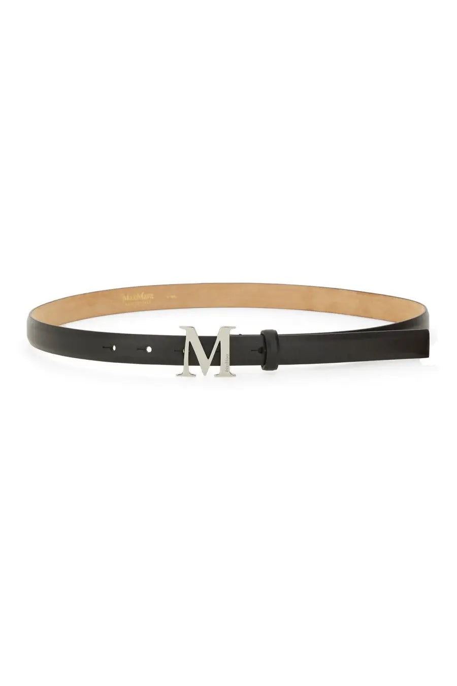 Max Mara women’s black leather belt with silver toned m buckle for stylish waist accessorizing