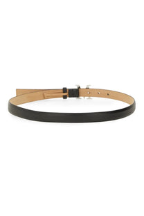 Max Mara women’s black leather belt with sleek minimalist design and silver ysl monogram buckle