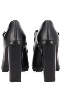 Max mara women’s black leather mary jane heels with patent finish block heel and strap detail