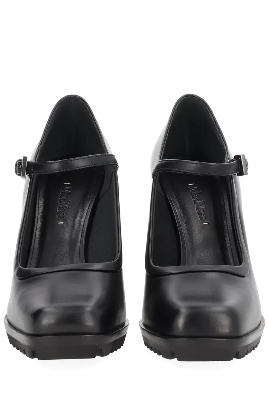 Max Mara women’s black leather Mary Jane heels with chunky platform sole and adjustable ankle strap