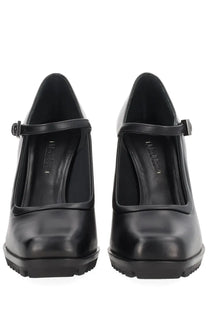 Max Mara women’s black leather Mary Jane heels with chunky platform sole and adjustable ankle strap