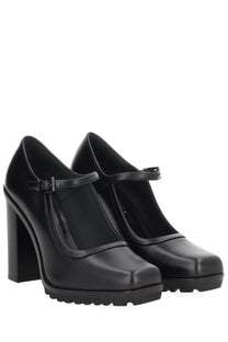 Black patent leather mary jane pumps with chunky block heel and textured rubber sole by Max Mara women’s leather mary jane black