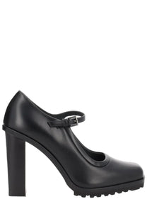 Max Mara women’s black leather mary jane pump with chunky block heel and textured rubber sole