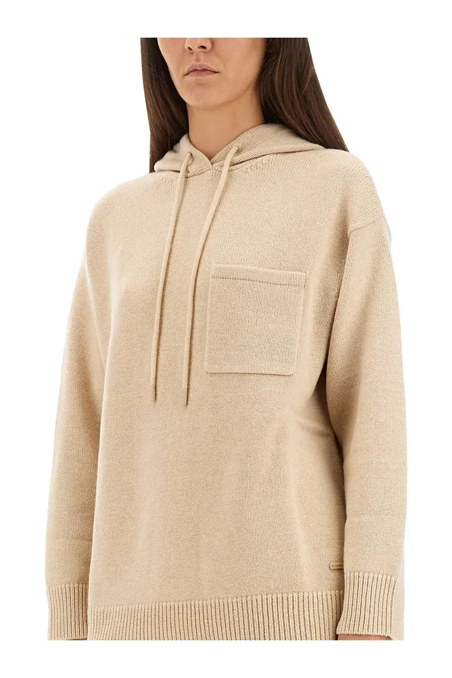 Max Mara women’s Liana hooded sweater beige knit hoodie with drawstring hood and front pocket