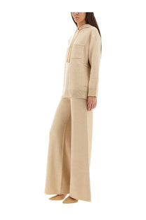 Beige knit hoodie sweater by Max Mara with ribbed cuffs and hem, front pocket, and drawstring hood for women
