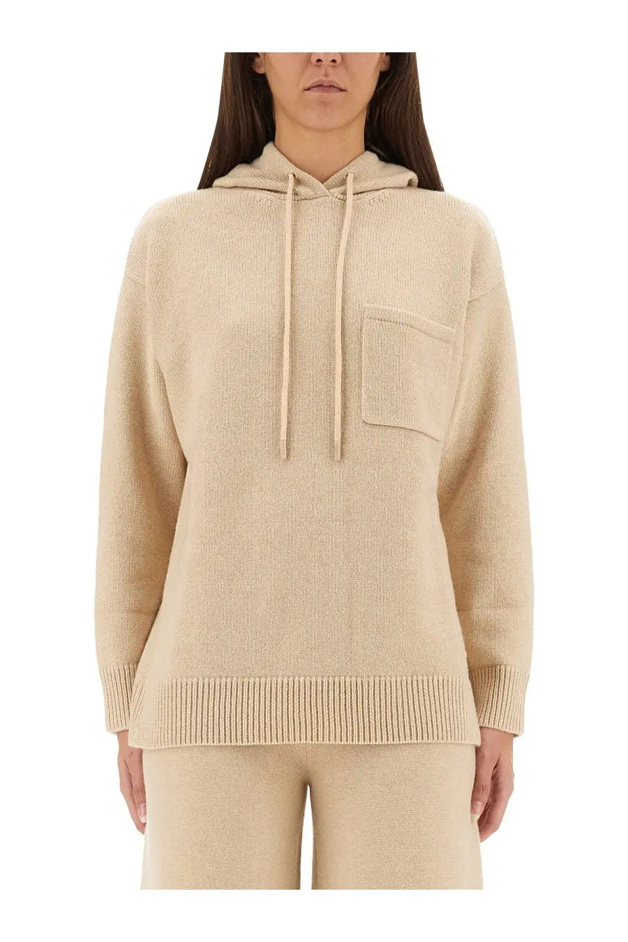 Max Mara women’s Liana hooded sweater beige ribbed knit with front pocket and matching drawstrings
