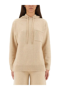 Max Mara women’s Liana hooded sweater beige ribbed knit with front pocket and matching drawstrings