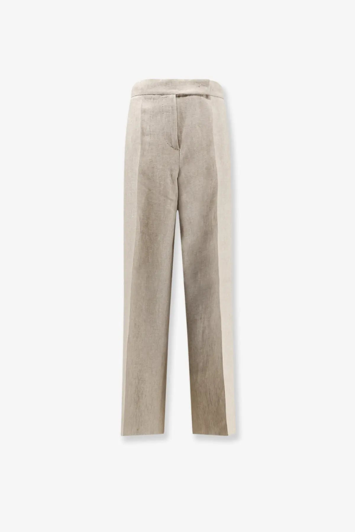 Beige linen max mara women’s ginnico trousers with subtle vertical stripe pattern and tailored fit